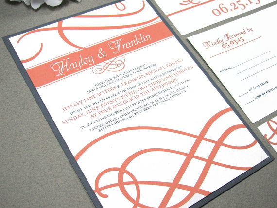 Свадьба - Coral and Gray Wedding Invitations Classic Wedding Invitation Suite Elegant Calligraphy Wedding Invites Swirl Invitations Simple Wedding