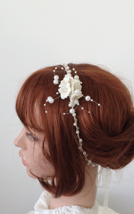 Wedding - Bridal Headband, Ivory Crochet Flowers Wedding Hairband, Crystal Beads and Pearls, Bridesmaid Headpiece, Beadwork, Fast Delivery