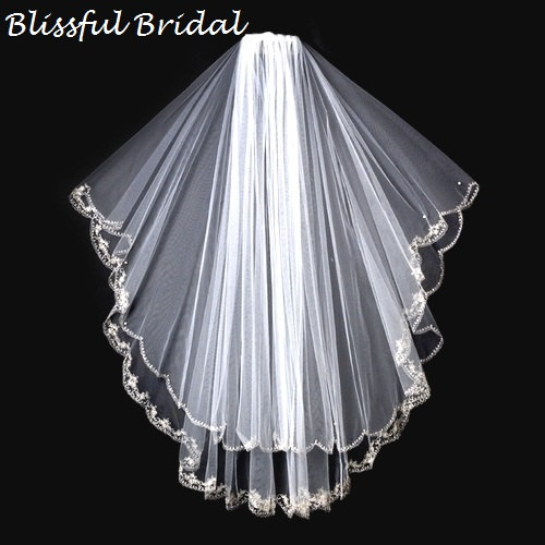 Wedding - Embroidered Beaded Edge Wedding Veil, 2 Tier Vintage Wedding Veil, Embroidered Silver Edge Wedding Veil, Crystal Edge Wedding Veil