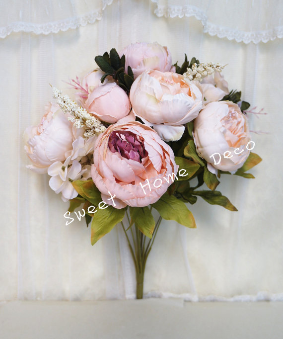 Mariage - JennysFlowerShop 18'' Super Soft Blooming Peony Silk Artificial Wedding Bouquet Home Flowers Light Pink