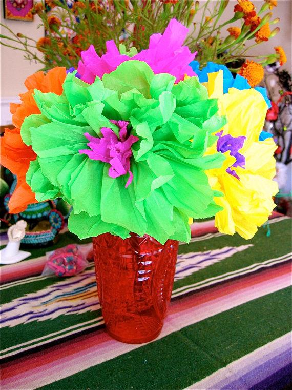 زفاف - Vibrant 11 x 8" Bouquet Day of the Dead Colorful Paper Flowers- 6 paper flowers - no mason jar