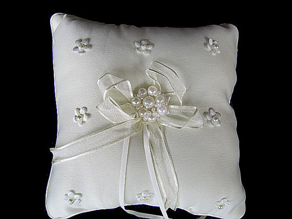 Wedding - Ivory Wedding Ring Pillow Bearer with Pearls