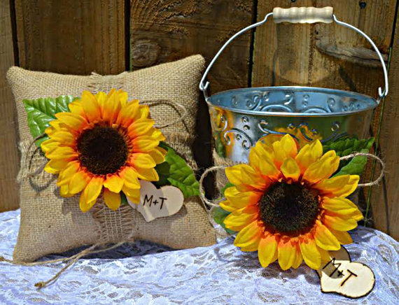 Свадьба - Personalized Sunflower Burlap Ring Pillow Set and Flower Girl Bucket Basket Wedding Rustic Country Wedding by SheriSewSweet