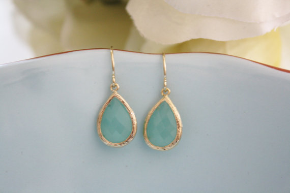 Mariage - Mint Earrings Gold Earrings, Aqua Blue Earrings, Bridesmaids Jewelry, mint Wedding, Mothers day gift