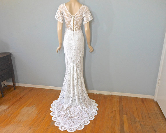 زفاف - Vintage Lace WEDDING Dress, Crochet Lace Wedding Dress, Hippie Boho WEDDING dress, Beach Wedding Dress Sz Medium