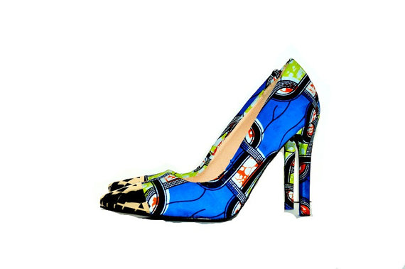 زفاف - Blue  African Print Shoes, Ankara Fabric shoes, Blue Shoes,  Multi-Color Pattern, African Fabric Shoes -Peep Toe Wedding Shoes -High Heels