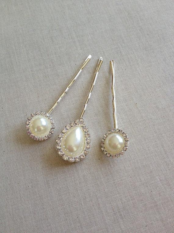 زفاف - Pearl and rhinestone booby pins, set of 3, bridal hair accessory, white, crystal, glass, silver, 3 pearl bobby pins, hair slides, bridesmaid