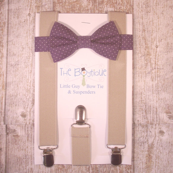 Hochzeit - Purple Bow Tie and Suspenders, Purple Polka Dot Bow Tie with Tan Suspenders, Toddler Suspenders, Boy Suspenders, Kids, Wedding, Ring Bearer