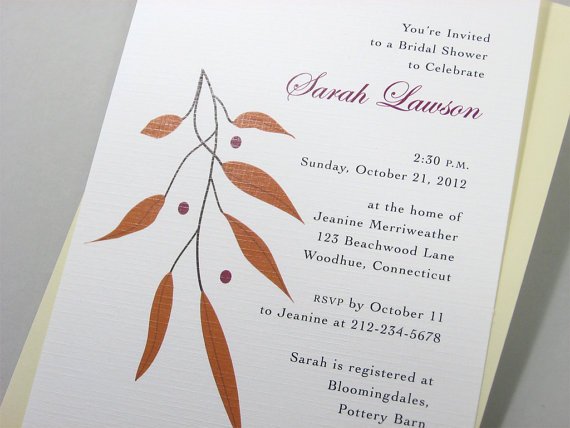 Wedding - Fall Bridal Shower Invitation Custom Rusty Leaves Autumn Colors Orange Leaves Casual Wedding Deep Red Berries