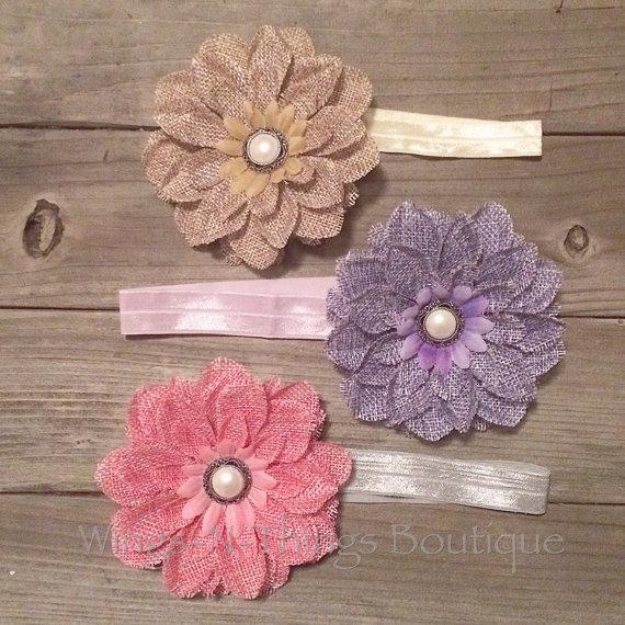 Mariage - BURLAP FLOWER HEADBAND 3pc Set, Newborn, Photo Prop, Baby, Infant, Girl, Toddler, Shabby Chic, Natural, Pink, Silver, Purple, Hair Accessory