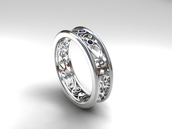 Wedding - Blue sapphire ring, White gold wedding band, filigree ring, Sapphire wedding band, vintage style, custom, blue engagement, blue wedding