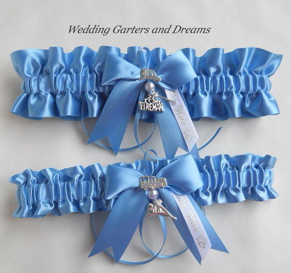 Свадьба - Firefighter Wedding Garters I Love My Fireman Charm Handmade Porcelain Blue Garters