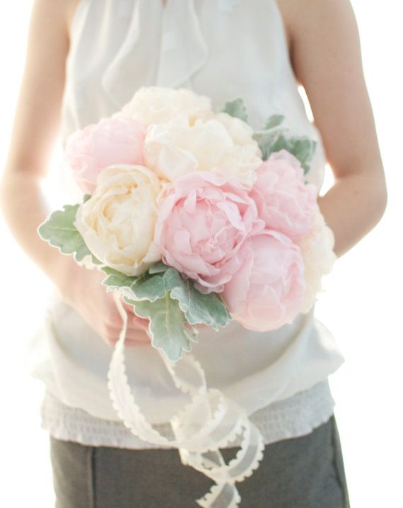 Свадьба - Up Cycled Handmade Fabric Flower Peony Bouquet, Light Pink Peony, Pastel Peach Peony, Pfingstrosen