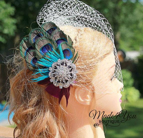 Wedding - Peacock Wedding Fascinator-Birdcage Wedding Veil-Bridal Headpiece