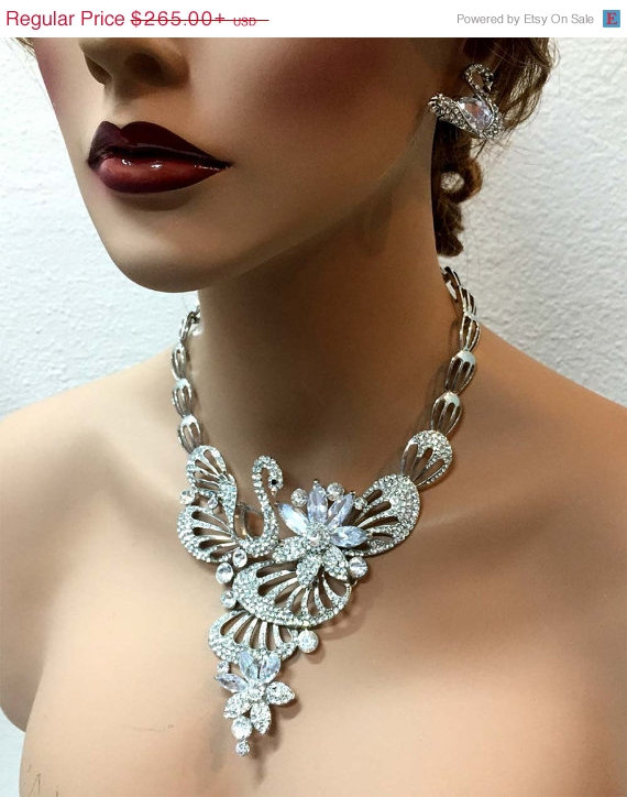 زفاف - Bridal jewlery set, Bridal back drop bib necklace earrings, vintage inspired Cubic Zirconia bridal necklace statement, wedding jewelry