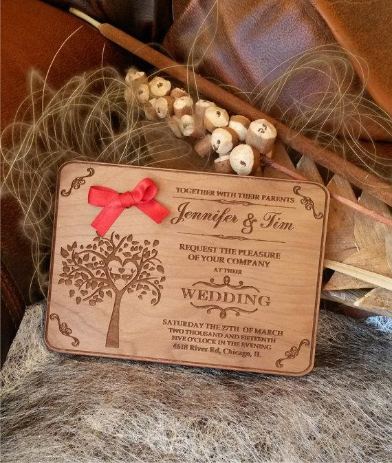 Mariage - Engraved Wood Wedding Invitation /  Rustic Handmade Wedding Invitations/ Handmade Wedding-Invitation /  Vintage Wooden Invitation