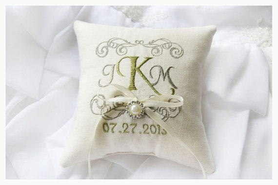 Wedding - Rhinestone Ring bearer pillow, wedding ring pillow , Linen Monogrammed ring pillow , Custom embroidered ring bearer pillow (R37)