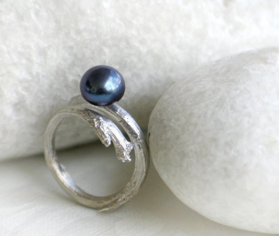 Wedding - Peacock Pearl Ring, Branch Sterling Silver Ring with Dark Blue Gray Freshwater Pearl 9mm