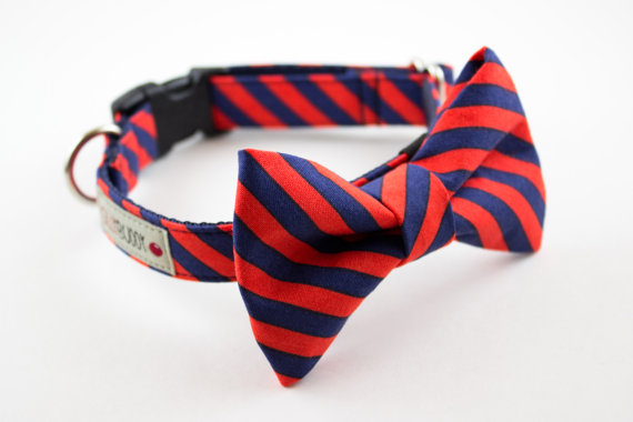 زفاف - Navy Red Orange Stripes Dog Bowtie Collar