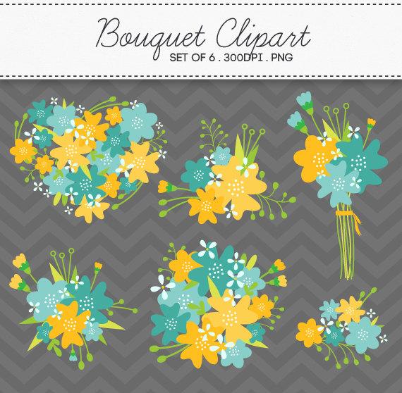 Hochzeit - Floral Flower Bouquet Blue Yellow Clipart / INSTANT DOWNLOAD / Digital Bouquets Set of 6 / 176