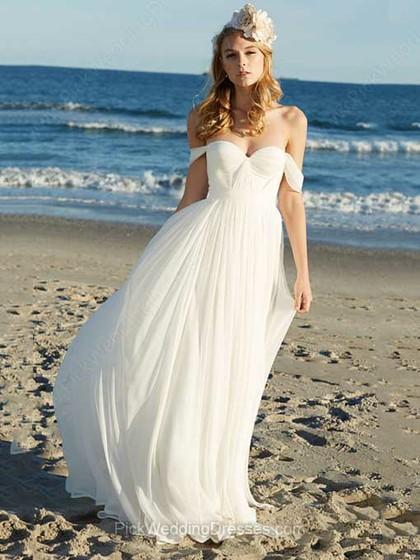 زفاف - A-line Floor-length Chiffon Ruffles Off-the-shoulder Wedding Dresses