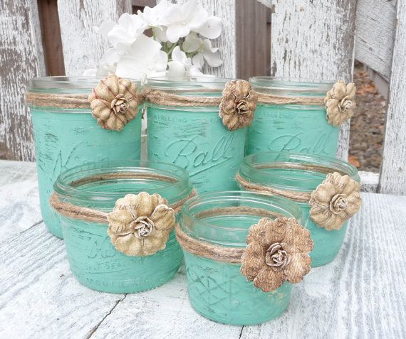 Свадьба - 15 - RUSTIC MINT WEDDING - Shabby Chic Upcycled Country Wedding Decor, Candle Holders And Vases