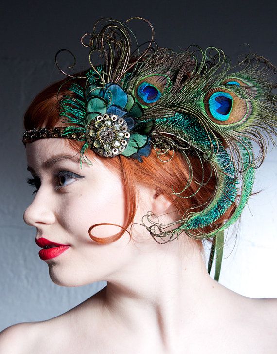 زفاف - Absinthe Nymph Peacock Feather Headband 1920s Flapper