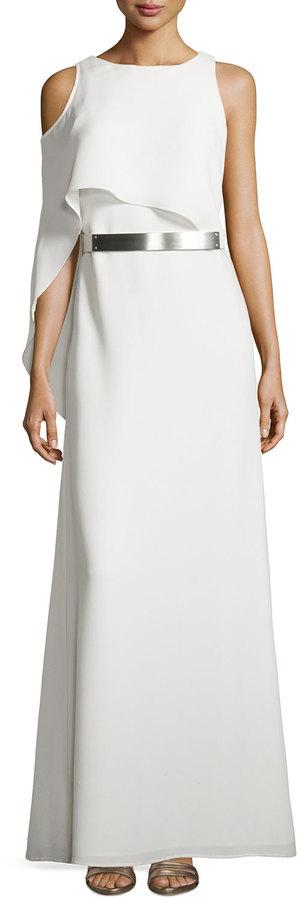 Mariage - Halston Heritage Boat-Neck Gown with Asymmetric Flutter Drape