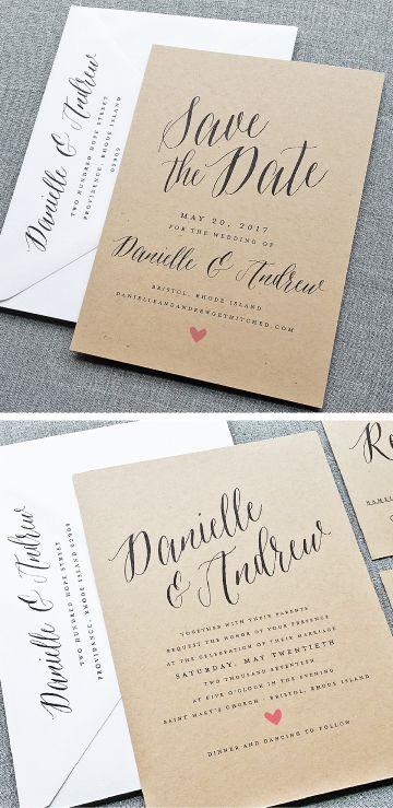 Свадьба - NEW Danielle Calligraphy Script Recycled Kraft Wedding Invitation Sample With Pink Heart