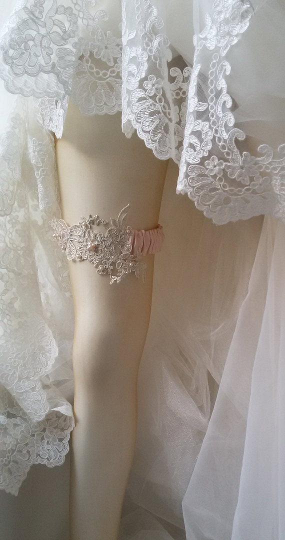زفاف - Wedding leg garter, Wedding Garter, Pink Ribbon Garter , Wedding Accessory, İvory Lace accessories, Bridal garter