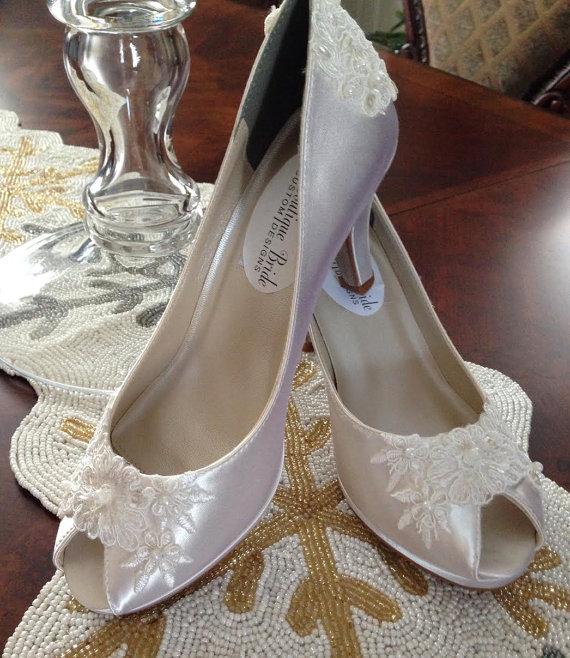 Свадьба - Peep Toe Platform Pump Hand Beaded Lace Custom Bride Wedding Shoe Ivory White Alencon Lace