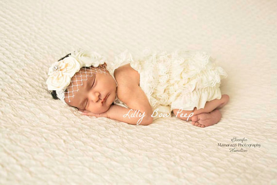 Mariage - Baby girl Clothes, Newborn girl clothes,Ivory Lace Petti Romper & Birdcage Veil Headband SET,Preemie,Infant,Flower Girl Dress,Baptism Outfit