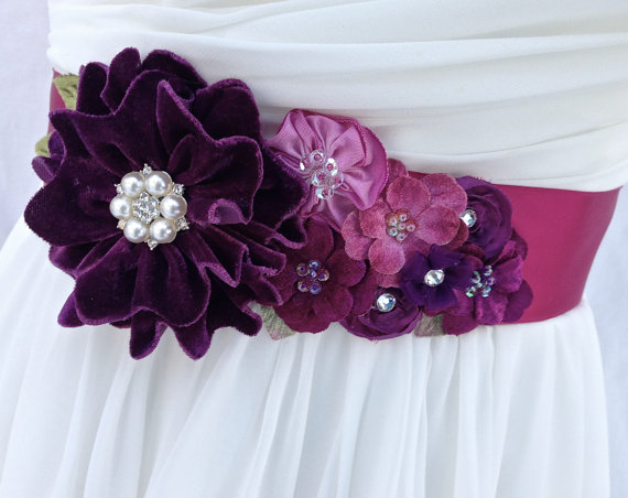 زفاف - Bridal Sash,Wedding Sash in Purple, Berry, And Violet with Crystals and Pearls, Rhinestones, Bridal Belt