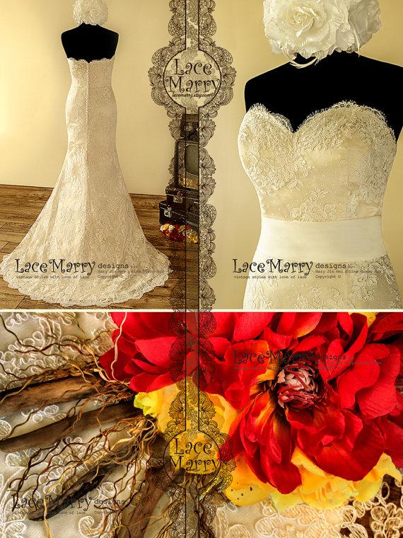 زفاف - Exclusive Lace Wedding Dress in Slim A Line Style with Strapless Sweetheart Neckline Featuring Cream Color Satin Underlay and Sweep Train