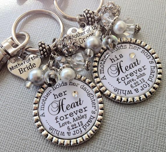 Hochzeit - Mother of the BRIDE gift / MOTHER of the GROOM Set- Personalized wedding jewelry - mother holds child's hand, heart forever, thank you gift