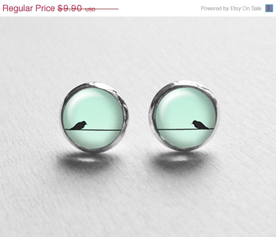 Mariage - SALE Mint Bird Earrings Studs Posts, Christmas In July, CIJ, Birds On Wire, Summer Wedding Jewelry, Mint Green, Bridesmaid Gift, E100