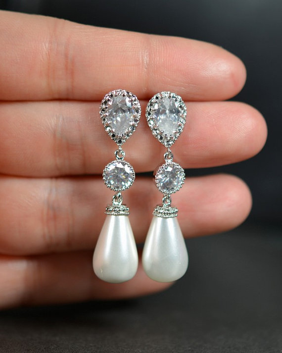 Свадьба - Pearl Bridal Earrings Wedding Jewelry Cubic Zirconia Posts Bridal Earrings White Cream ivory beige Pearl Teardrops Pearl Earrings