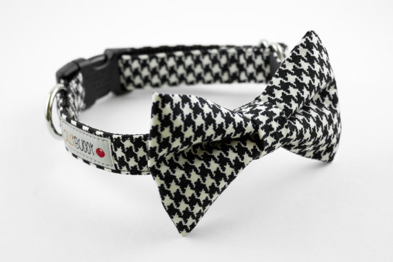زفاف - Houndstooth Bow Tie Dog Collar - Black White
