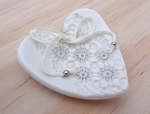 Wedding - White & silver porcelain ceramic heart ring dish. Lace imprint. Perfect for wedding ring pillow