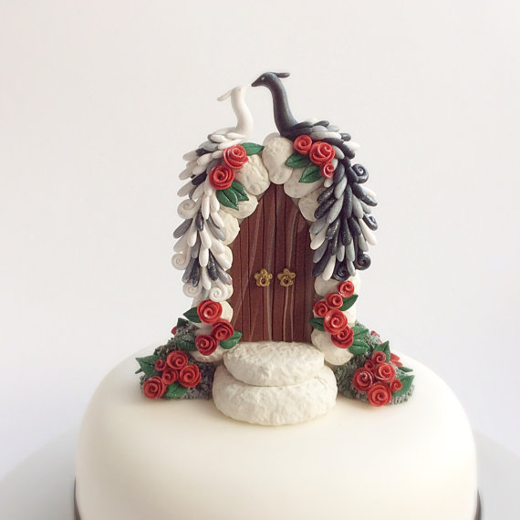 Hochzeit - Peacock wedding cake topper in black and white with red roses handmade from polymer clay