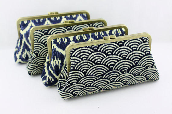 Mariage - Rustic Navy Bridesmaids Clutch / Rustic Navy Wedding Clutches / Retro Style Bridesmaid Clutches - Set of 4