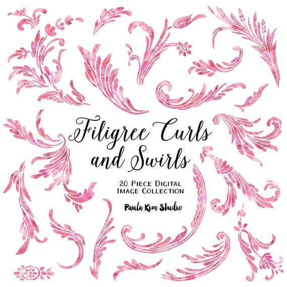Wedding - 80% OFF SALE Pink Filigree Swirls and Curls Flourish Clipart, Pink Watercolor Clip Art, Wedding Invitation Clip Art, Commerical Use