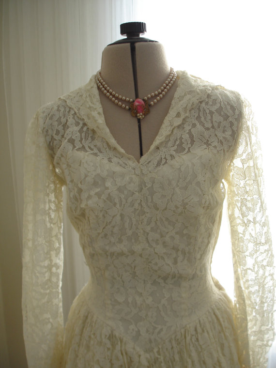Wedding - Antique Ivory Lace Wedding Dress and Lace Cap 1930/1940 Era Excellent Condition