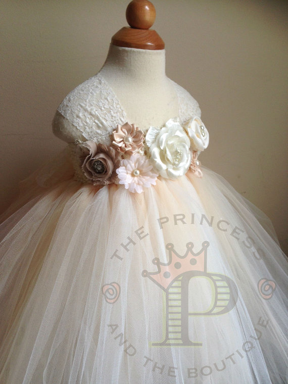 Wedding - Flower girl dress, ivory and champagne tutu dress