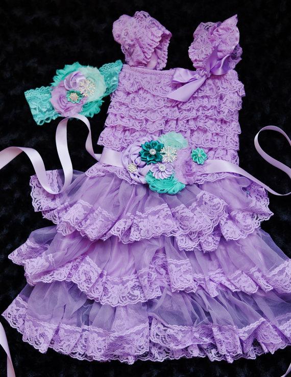 Hochzeit - Lavender aqua lace dress,sash headband SET,Toddler Dress,girls dress,Flower girl dress,First/1st Birthday Dress,girls photo outfit