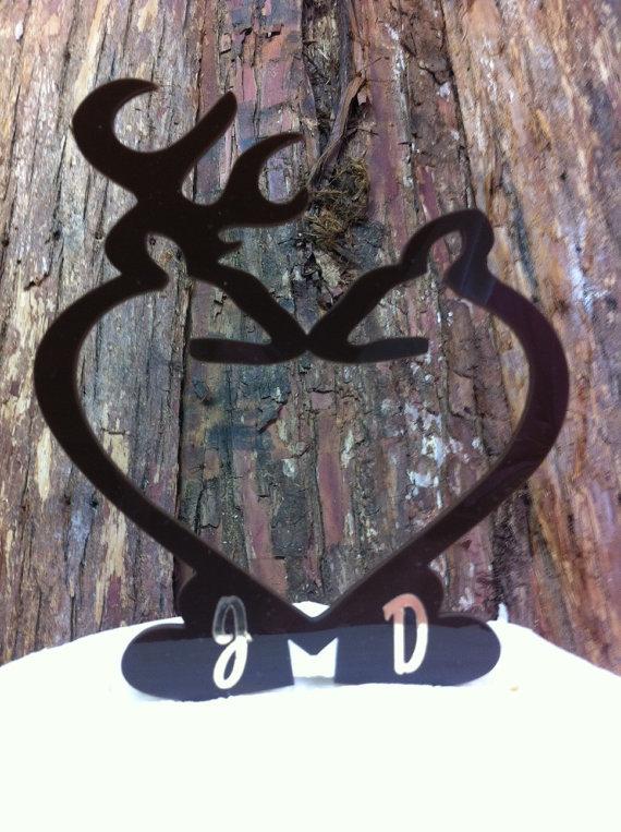 Wedding - Deer Wedding Cake Topper, Country Rustic Buck And Doe Heart Custom Personalized Two Initial Acrylic Wedding Cake Topper