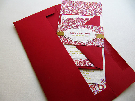 Wedding - Indian Wedding Invitation, Henna Inspired Design Indian Red and Gold with Enclosures – SAMPLE