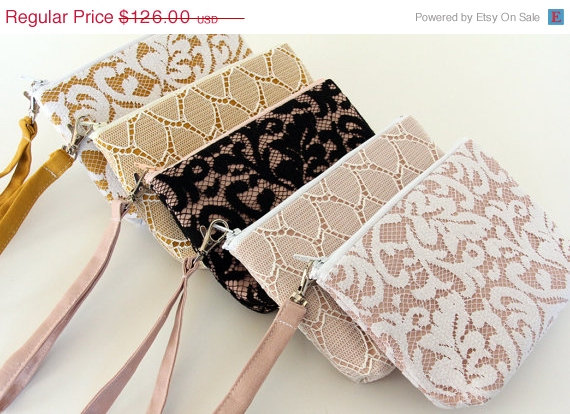 Hochzeit - 15% off Sale Angela Wristlet - 4 Bridesmaid Clutches, Lace Wedding Clutches, Yellow and Pink Clutches, Purses with Straps, Linen and Lace, F