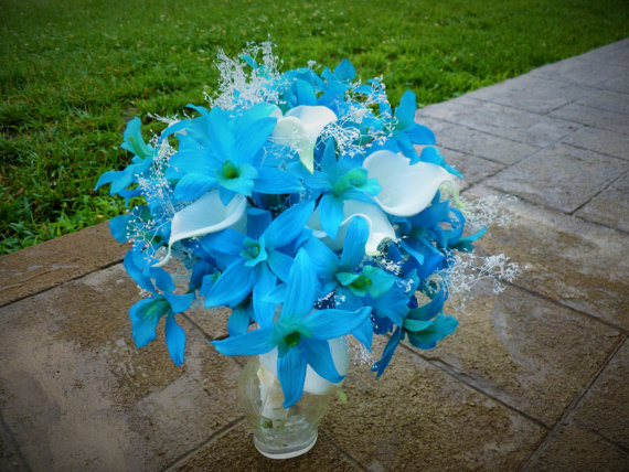 Wedding - Blue orchid calla lily bouquet with natural preserved baby's breath accent