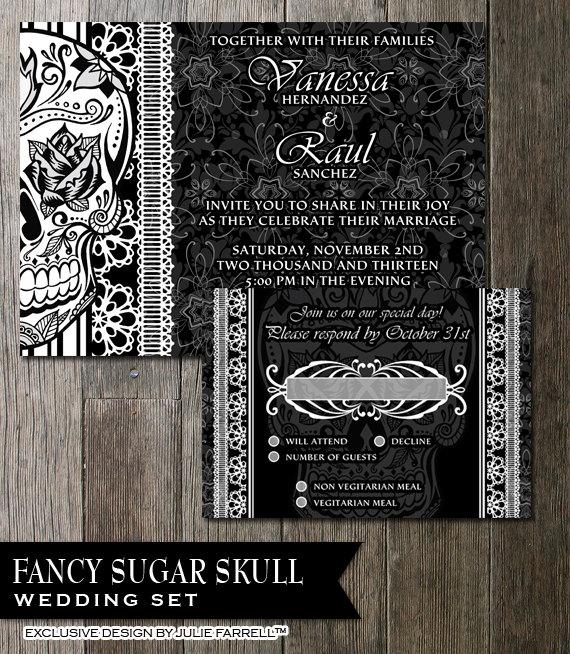 زفاف - DIY Black And White Fancy Sugar Skull Day of the Dead - Dia De Los Muertos- Digital Printable Wedding Invitation and RSVP. Features a highly
